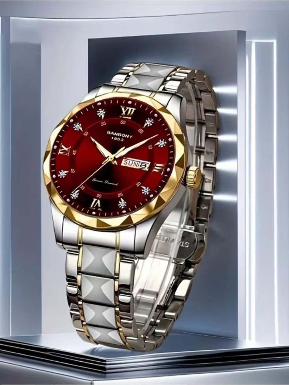 BANBONY stainless steel strip Quartz Watch with Rhinestone, Roman Numeral 41mm